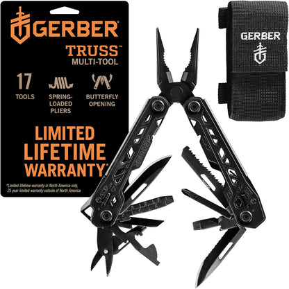Gerber Gear Truss 17-in-1 Multitool with Pocket Knife and Needle Nose Pliers - Gifts for Men, Compact EDC Gear, Black with Standard Sheath