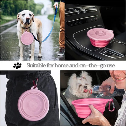 Collapsible Dog Bowl - Travel Dog Bowls with Lids & Carabiners, Portable Pet Bowls Silicone Feeding Watering Bowls Dish for Dogs Cats, 450ml/15oz Collapsable Doggy Bowl for Hiking Camping (Pink)