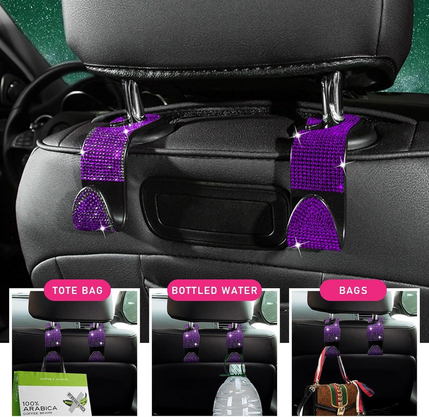 Augeny 2 PCS Bling Car Seat Headrest Hooks, Crystal Rhinestone Back Seat Hanging Storage Organizer, Auto Purse Bags Hanger, Universal Vehicle Interior Accessories for Women Girls (Purple)