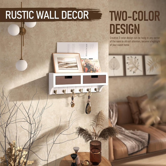 Key Holder Wall Mount with 2 Drawer Organizer : Decorative 2-Color Mail Organizer for Wall with 6 Hooks - Farmhouse Home Organization for House Decor (White & Retro Brown)