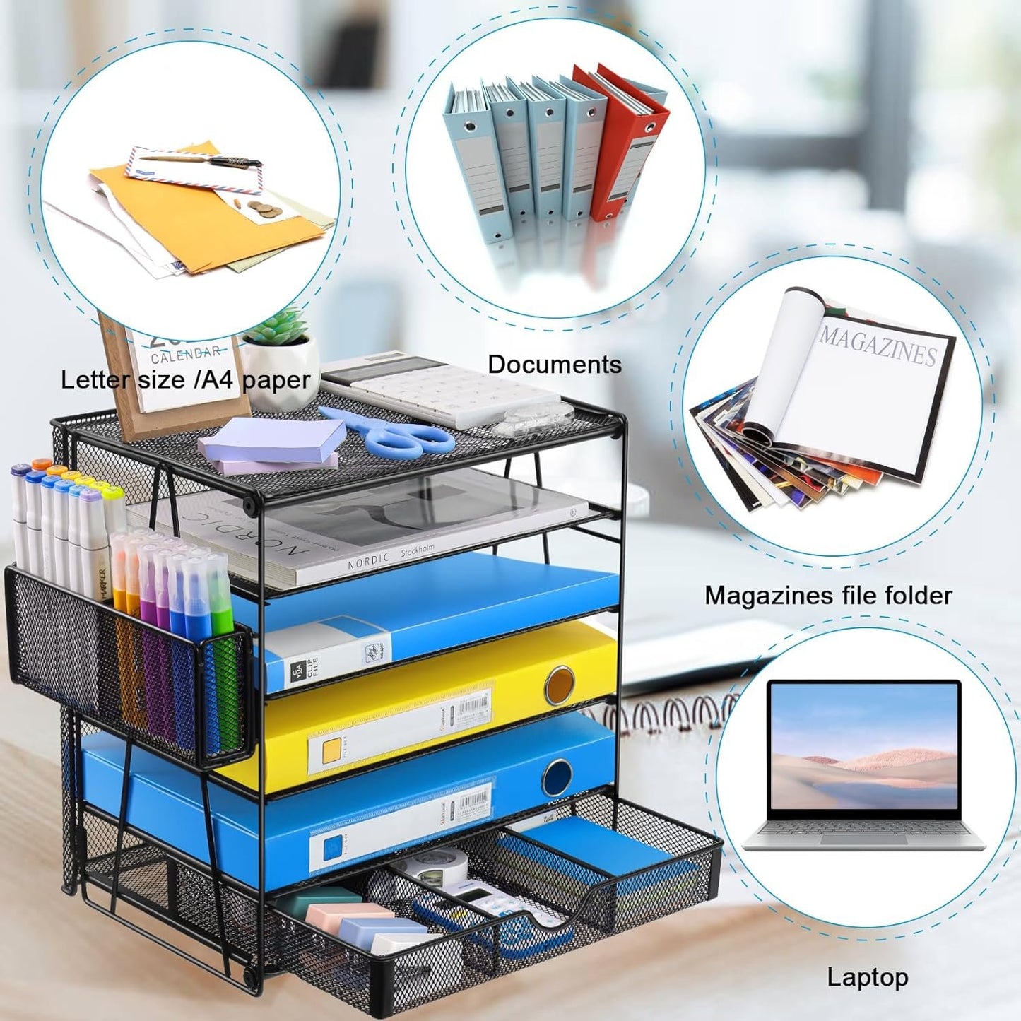 Lemonsea Desk Organizers, Mesh Paper Letter Tray with Sliding Drawers and Pen Holder, Desktop File Organizer for Home, Office, School, Black