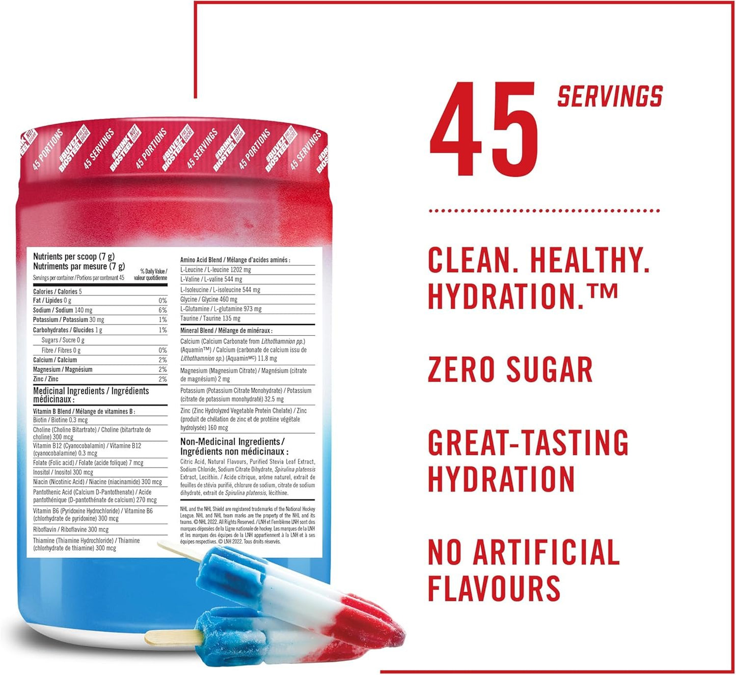 BioSteel Hydration Mix, Great Tasting Hydration with Zero Sugar, and No Artificial Flavours or Preservatives, Ice Pop Flavour, 45 Servings per Tub