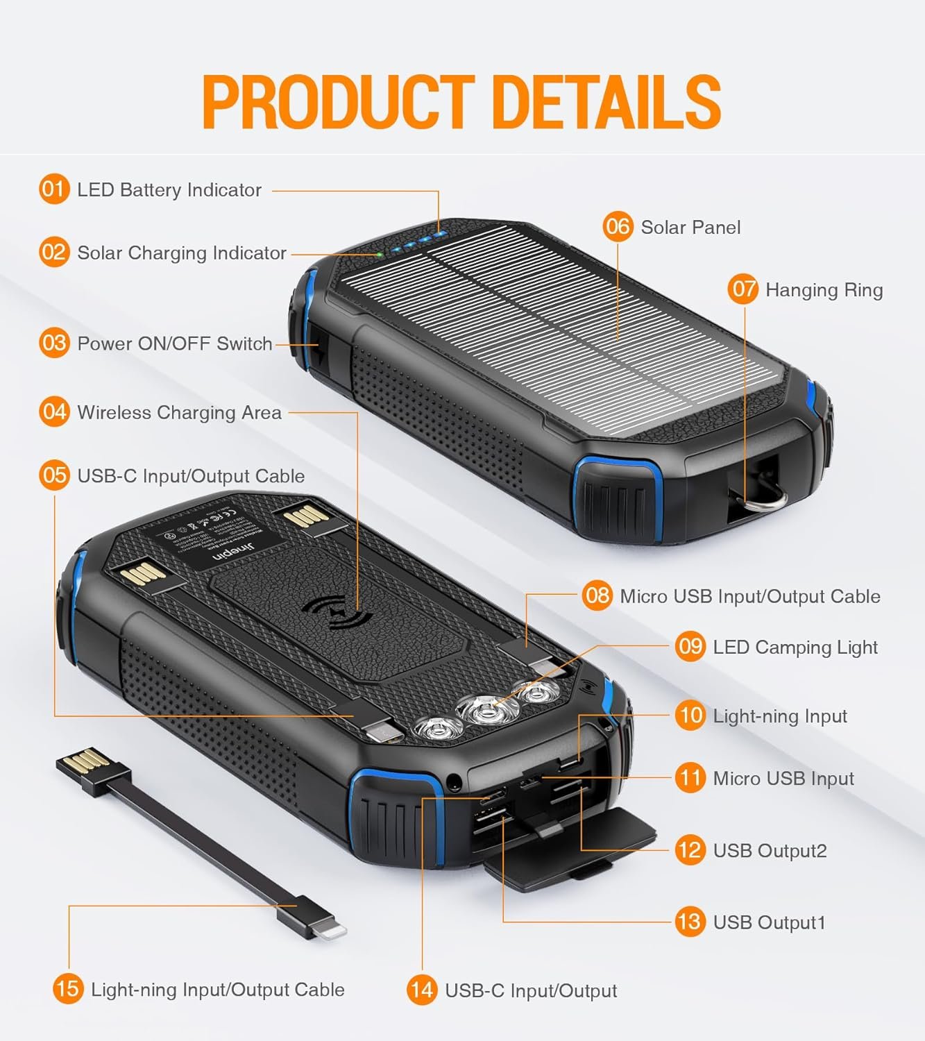Wireless-36000mAh-Power Bank, Portable Battery Pack with 3 Built-in Cables, Waterproof Solar Charger 4 Outputs 3 Inputs, USB C 3 LED Flashlight, Solar Battery Bank for iPhone Tablet