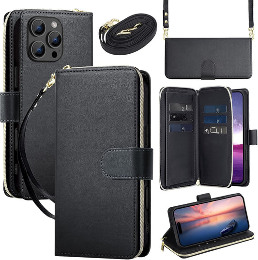 GoshukunTech for iPhone 16 Pro Case Wallet Leather, for iPhone 16 Pro Flip Case Wallet Cover Kickstand Zipper Purse 9 Card Holder with Wristlet Strap Crossbody Lanyard-Black