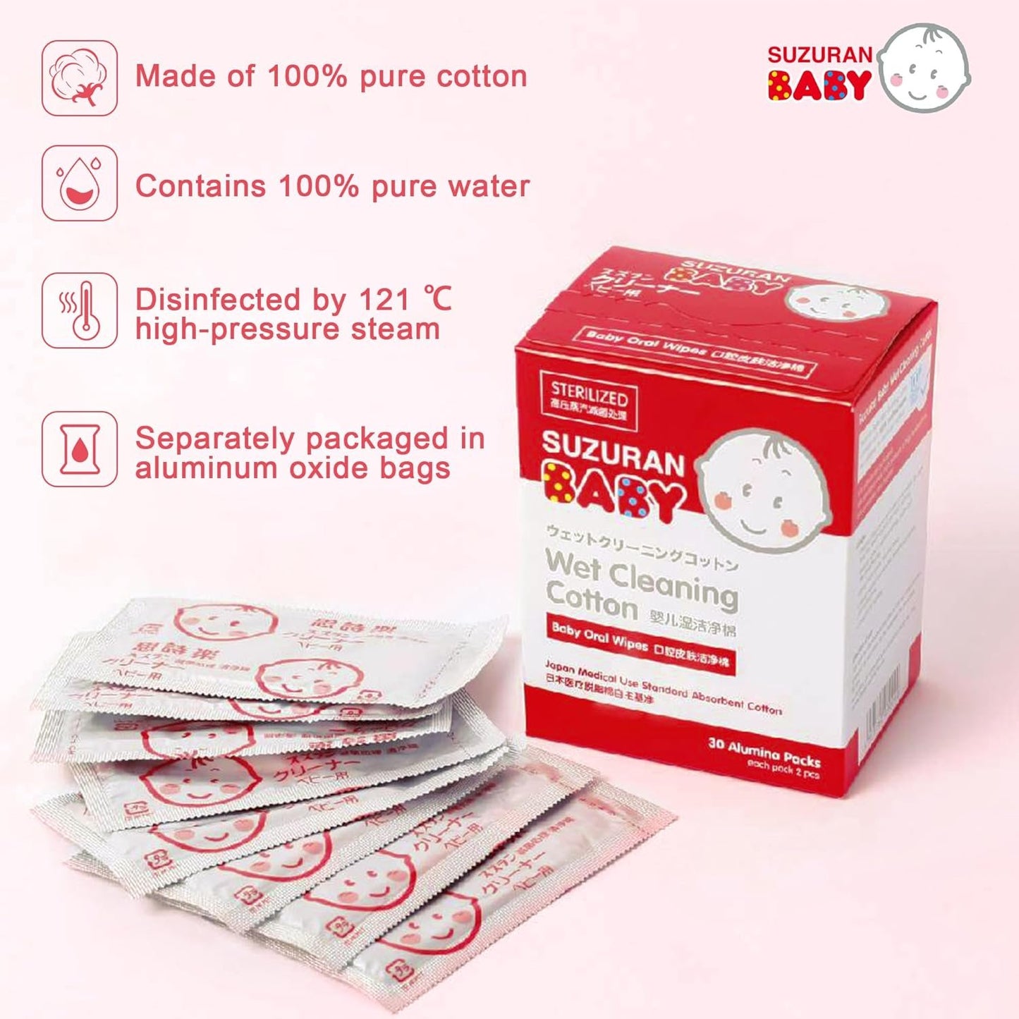 Suzuran Baby Mouth Wipes Cotton Pure Water, Finger Toothbrush Unscented Sensitive, Lint Free, Baby Oral Care for Gums, Teeth and Tongue Cleaning, Individually Wrapped 30 Packs