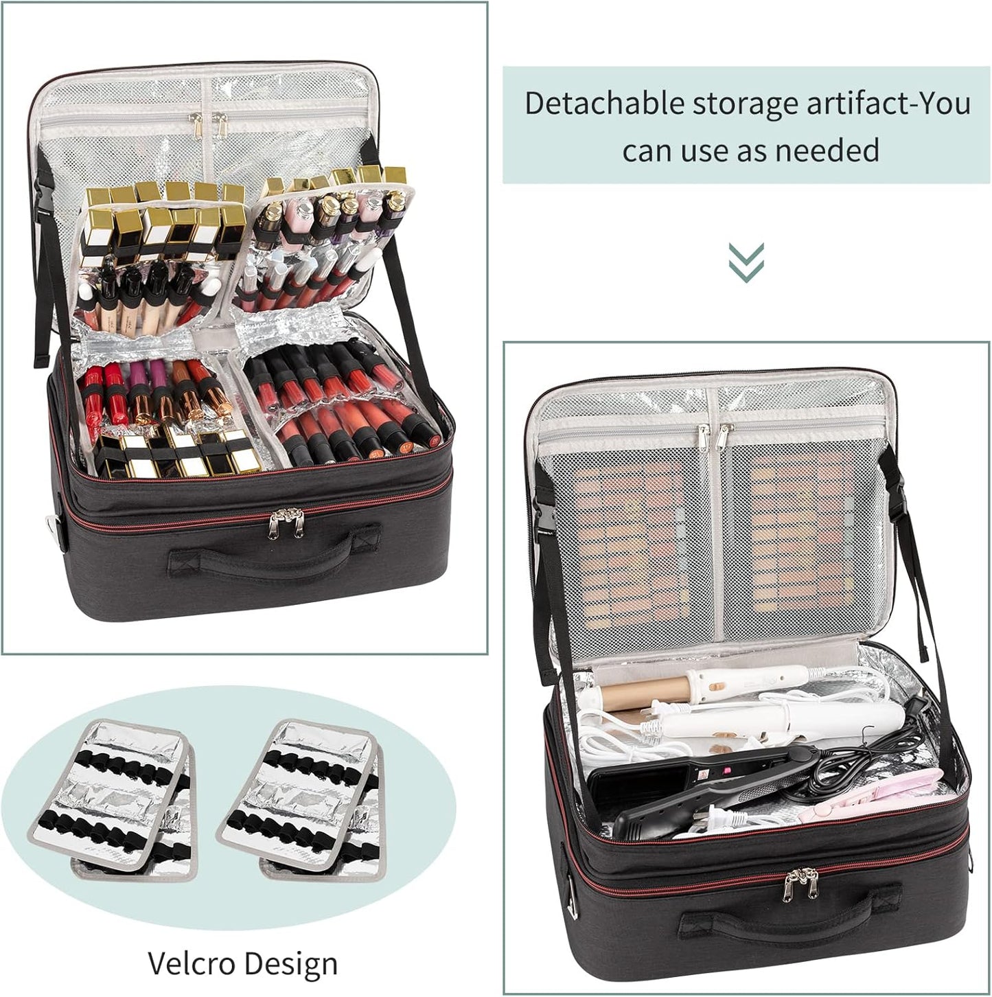 Makeup Train Case Organizer, OCHEAL Makeup Bag Travel Cosmetic Case Portable Artist Storage Bag with Washable Plastic Divider for Lipstick Storage Makeup Brushes Toiletry Accessories Black