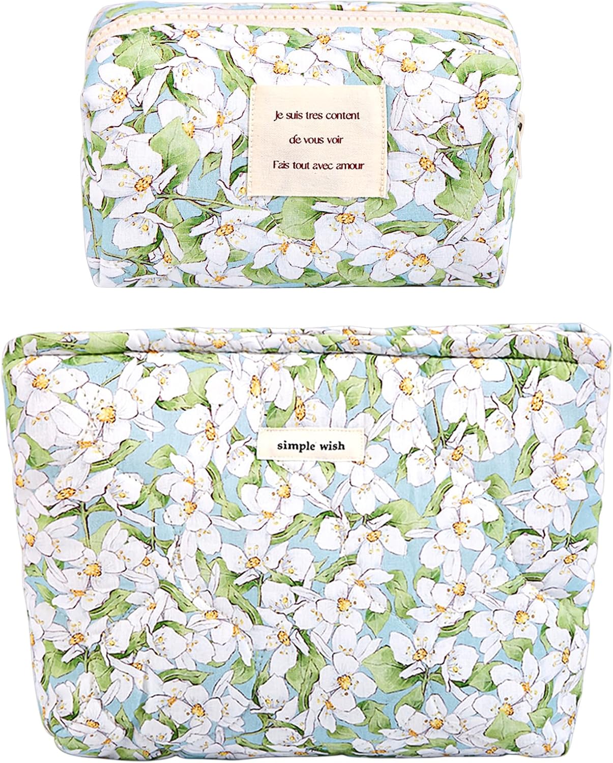 Sminra 2 Pcs Floral Makeup Bag Large Travel Cotton Quilted Cosmetic Makeup Bag Organizer, Cute Coquette Aesthetic Zipper Portable Pouch Purse Storage Toiletry Bag for Women Girls accessories, 03-Green