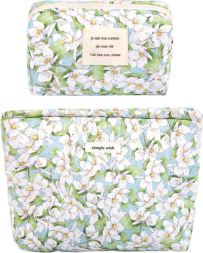 Sminra 2 Pcs Floral Makeup Bag Large Travel Cotton Quilted Cosmetic Makeup Bag Organizer, Cute Coquette Aesthetic Zipper Portable Pouch Purse Storage Toiletry Bag for Women Girls accessories, 03-Green
