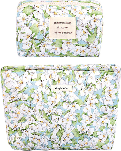 Sminra 2 Pcs Floral Makeup Bag Large Travel Cotton Quilted Cosmetic Makeup Bag Organizer, Cute Coquette Aesthetic Zipper Portable Pouch Purse Storage Toiletry Bag for Women Girls accessories, 03-Green