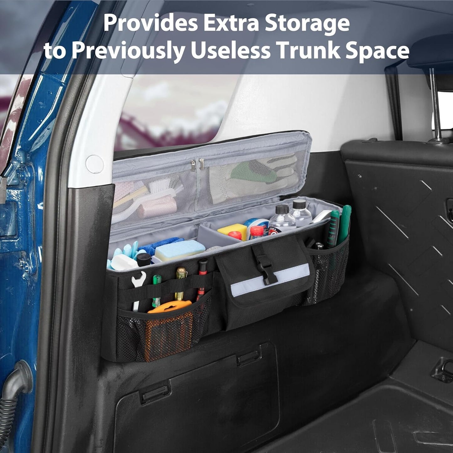 GRAOSO Car Trunk Organizer Compatible with Toyota FJ Cruiser 2007-2021, Rear Storage Bag with 3 Pieces of 1.5â€ Wide Hook&Loop Tapes, 2 Adjustable Hanging Loops, Multiple Pockets, Black