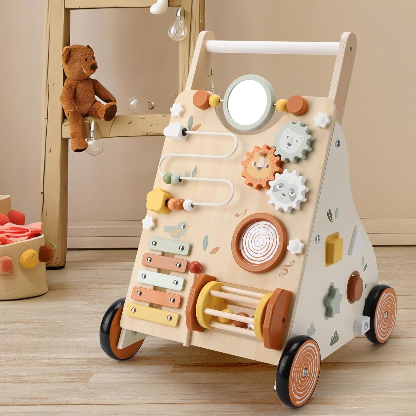 Pithfor Wooden Baby Walker, Baby Push Walker with Activity Center for Girls Boys, Push Walker Toys for Babies Learning to Walk, Sit-to-Stand