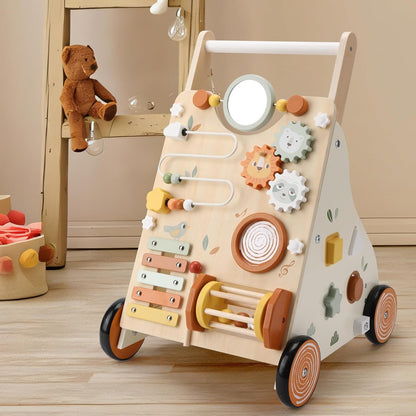 Pithfor Wooden Baby Walker, Baby Push Walker with Activity Center for Girls Boys, Push Walker Toys for Babies Learning to Walk, Sit-to-Stand