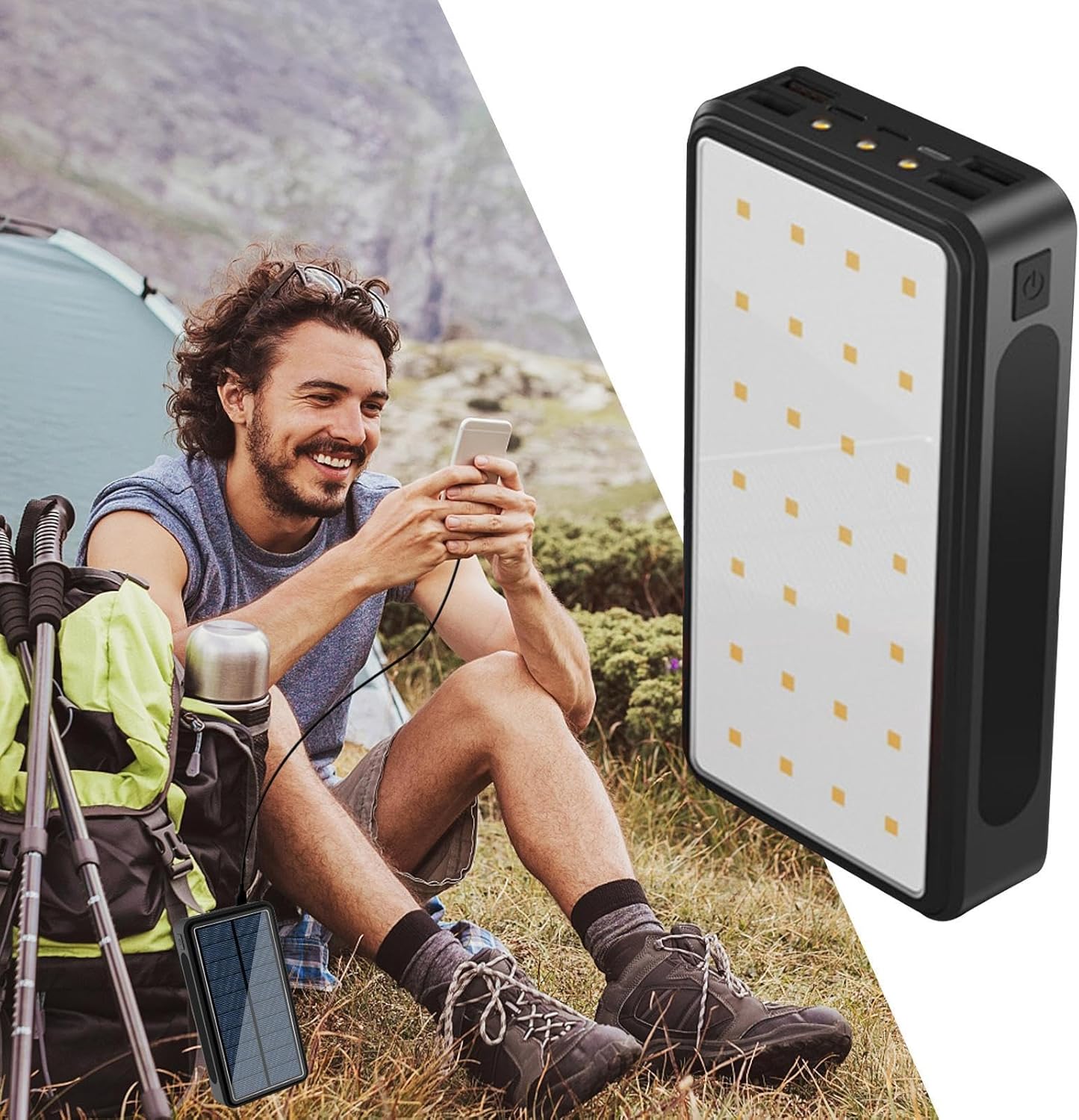 Portable Solar Bank - 20000mAh Solar Charger with LED Light | Waterproof Battery Pack Supports 4 Devices | for Camping, Hiking, Commuting and Outdoor Adventures