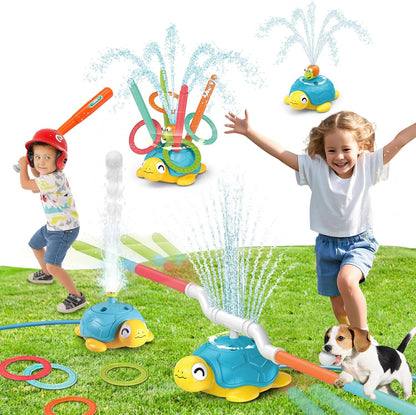4 in 1 Turtle Water Sprinkler for Kids, Outdoor Toys with Snail Splash, Ring Toss, Baseball Game & Hurdle Play, 360°Roating Spray Summer Fun Backyard Garden Lawn for Toddlers Kids Boys Girl 3-12 Gifts