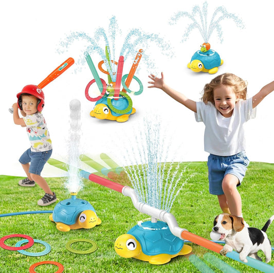 4 in 1 Turtle Water Sprinkler for Kids, Outdoor Toys with Snail Splash, Ring Toss, Baseball Game & Hurdle Play, 360°Roating Spray Summer Fun Backyard Garden Lawn for Toddlers Kids Boys Girl 3-12 Gifts
