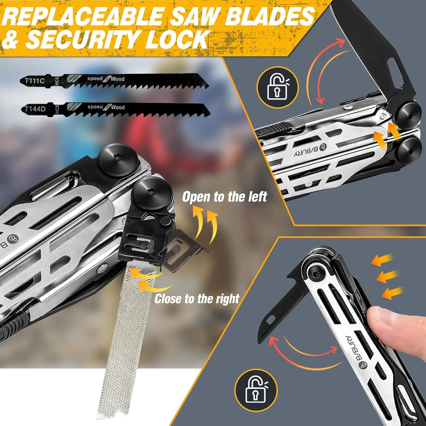BIBURY Multitool Pliers, Stainless Steel 31-in-1 Multi Tool Pliers with Replaceable Wire Cutters and Saw, Foldable Multitools with Scissors and Screwdriver, Ideal for Camping, Survival, Gift for Him