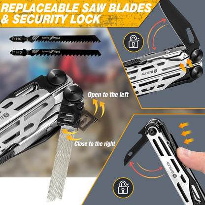 BIBURY Multitool Pliers, Stainless Steel 31-in-1 Multi Tool Pliers with Replaceable Wire Cutters and Saw, Foldable Multitools with Scissors and Screwdriver, Ideal for Camping, Survival, Gift for Him