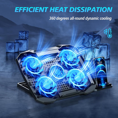 AIMIUZI Laptop Cooling Pad,Gaming Laptop Cooler with 5 Quiet Fans for 12-15.6 Inch,Laptop Cooling Stand with 5 Height Adjustable,2 USB Ports, Phone Stand