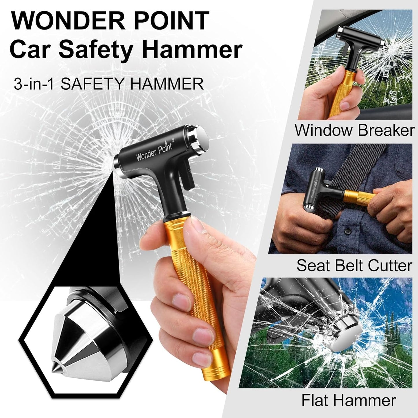 Premium Car Safety Hammer - Emergency Escape Tool with Car Window Breaker and Seat Belt Cutter, Life Saving Survival Kit with Heavy Carbon Steel Points and Hardened Sharp (Yellow)