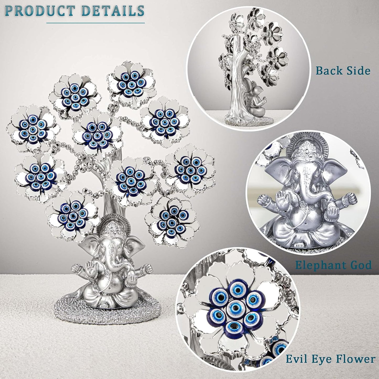 Evil Eye Flowers Lucky Tree with Silver Ganesha Hindu Elephant God Statue Home Office Feng Shui Protection Ornament Blessing Gift
