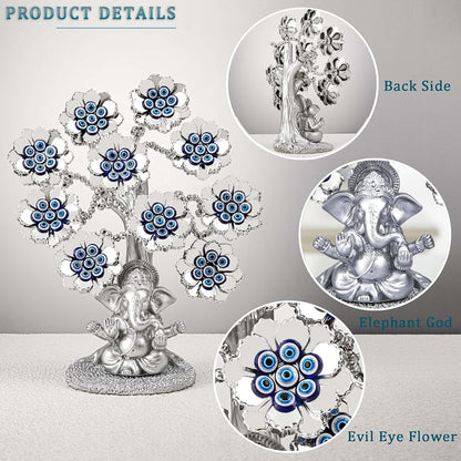Evil Eye Flowers Lucky Tree with Silver Ganesha Hindu Elephant God Statue Home Office Feng Shui Protection Ornament Blessing Gift