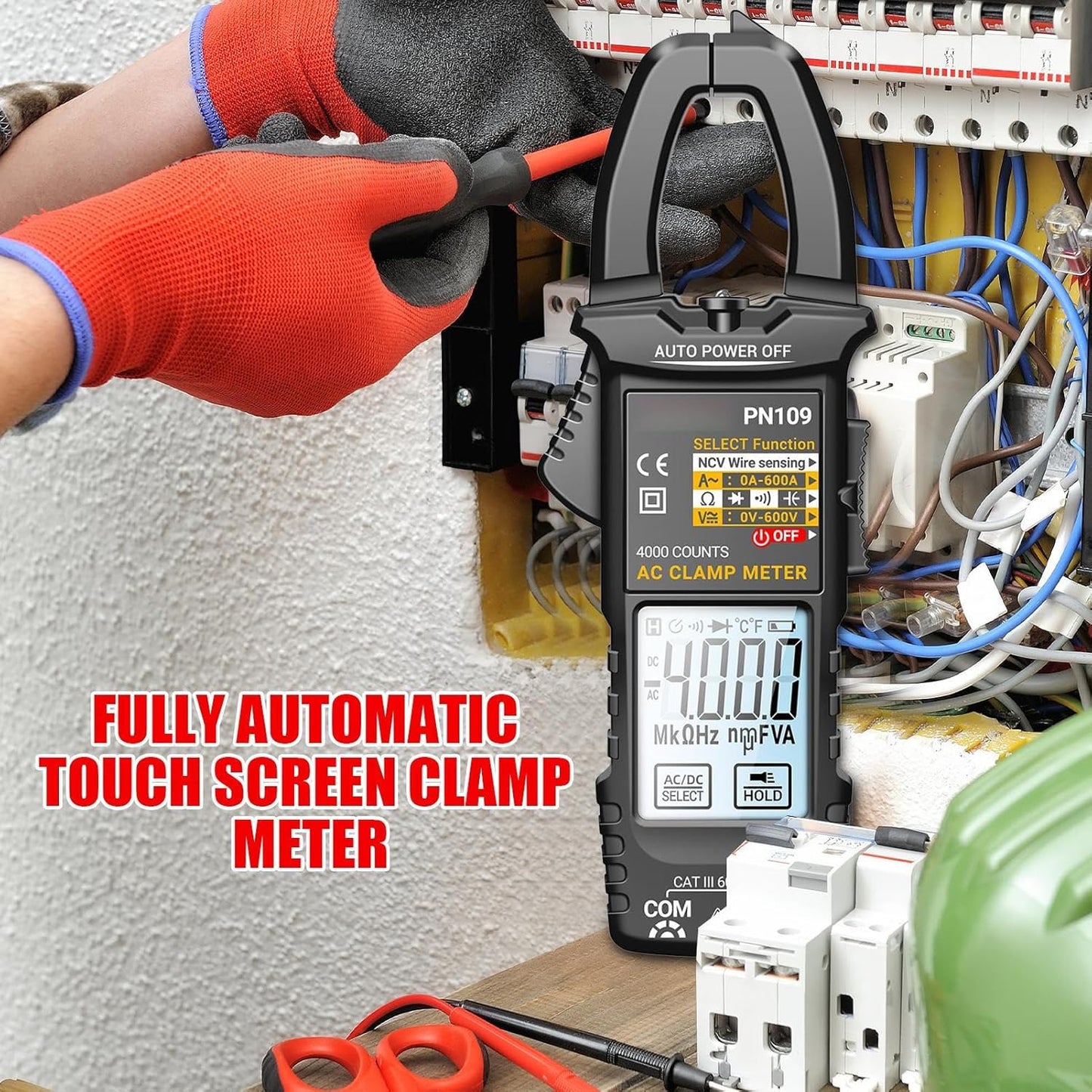 Clamp Multimeter 4000 Count Digital Multimeter with Case, LCD Backlight Display, Safety Protection, Automatic Range Detection, Professional Automotive Tool for Accurate Measurements and Diagnostics