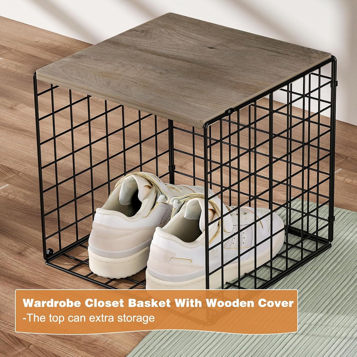 3PCS Stackable Closet Organizers and Storage, Shelves with Wood Top Extra Storage, Clothes Organizer Basket, Bin, or Tube for Wardrobe and Home Organization (Black-Sturdy Metal) Patent Pending