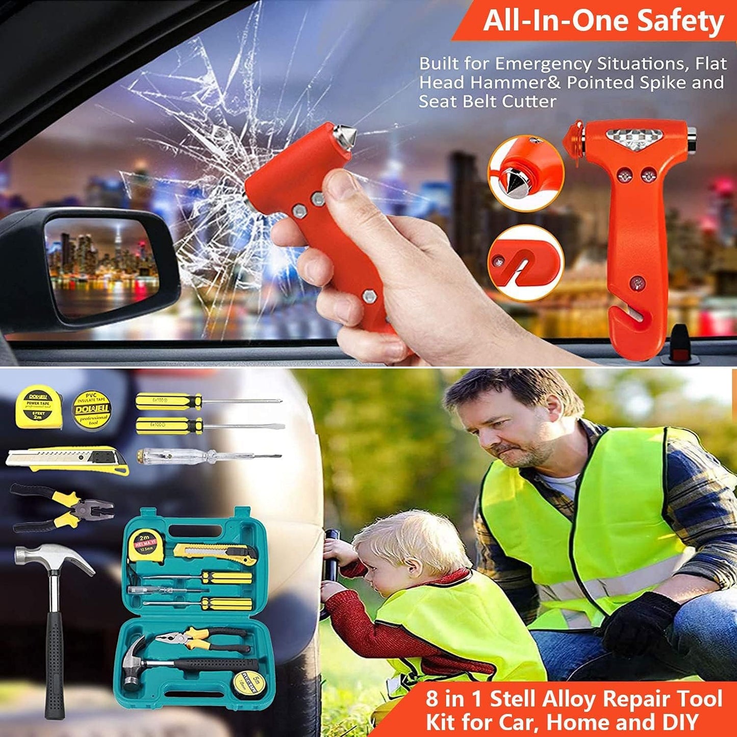 Car Roadside Emergency Assistance Kit with Jumper Cable,Auto Travel Safety Tool Bag for Men Women Teen Girl, Truck Automotive Vehicle Off Road Side Automobile Kit with Car Repair Tool First Aid Kit