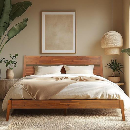 Acacia Callisto Bed Frame with Headboard Solid Wood Platform Bed, 800 lbs Capacity Bed Frame King, Scandinavian Signature Wood Bed Compatible with All Mattress Types, Non-Slip and Noise-Free, Walnut