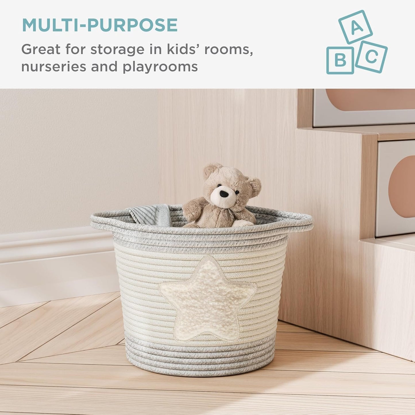 Zenna Home Cotton Rope Storage Basket with Star Boucle Patch, Round, 10"x10"x8", Ivory with Grey Trim, Decorative & Multi-Purpose for Home Organization