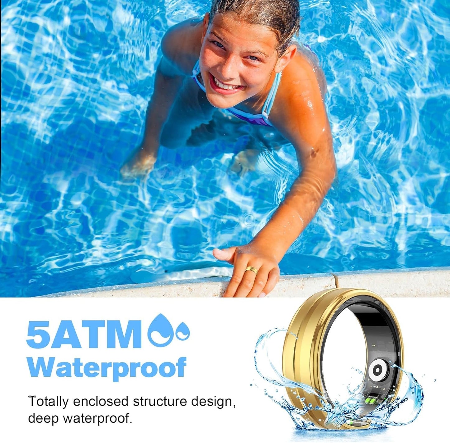 MagLoop Smart Ring Health Tracker for Men/Women,Fitness Ring Sleep Tracker,Fast Charging for Long-Lasting Use,for Pedometer Exercise,Monitor Sleep, Heart Rate, Stress,Waterproof (Gold, 8)