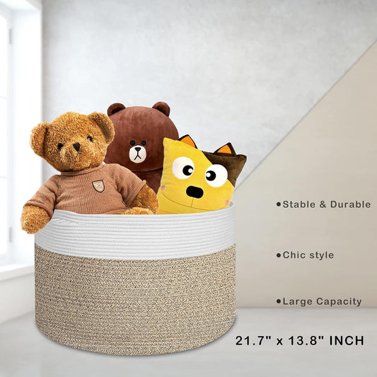 Extra Large 100% Cotton Rope Basket 21.7" × 21.7" × 13.8", SONPENT Woven Storage Laundry Basket Cotton Basket Pillows Storage Bin with Handle for Living Room Home Decor