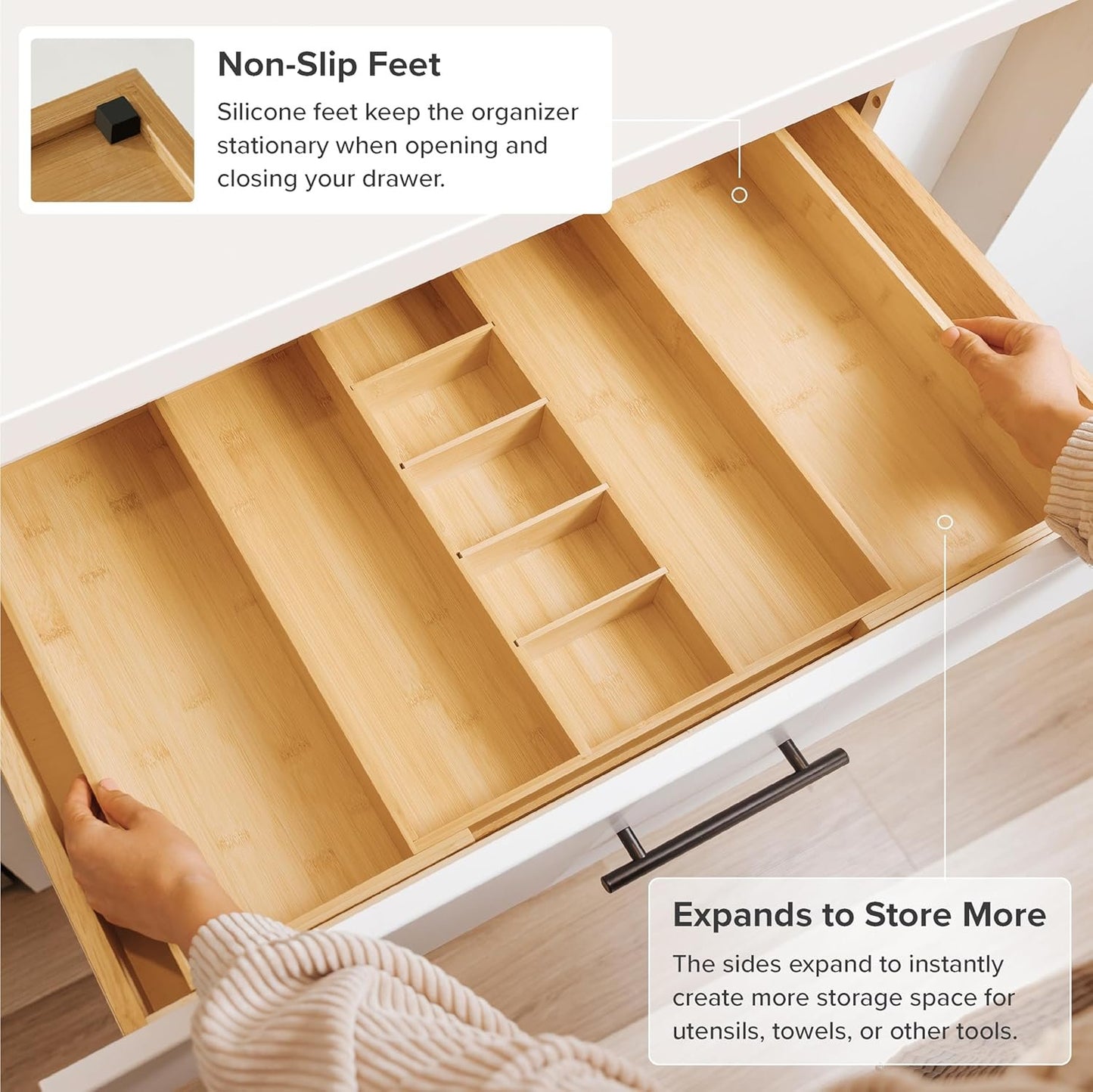 KitchenEdge Adjustable Bamboo Kitchen Drawer Organizer for Utensils and Junk, Expandable to 28 inches Wide, 9 Compartments