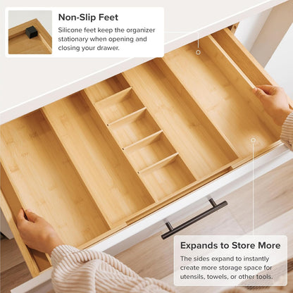 KitchenEdge Adjustable Bamboo Kitchen Drawer Organizer for Utensils and Junk, Expandable to 28 inches Wide, 9 Compartments