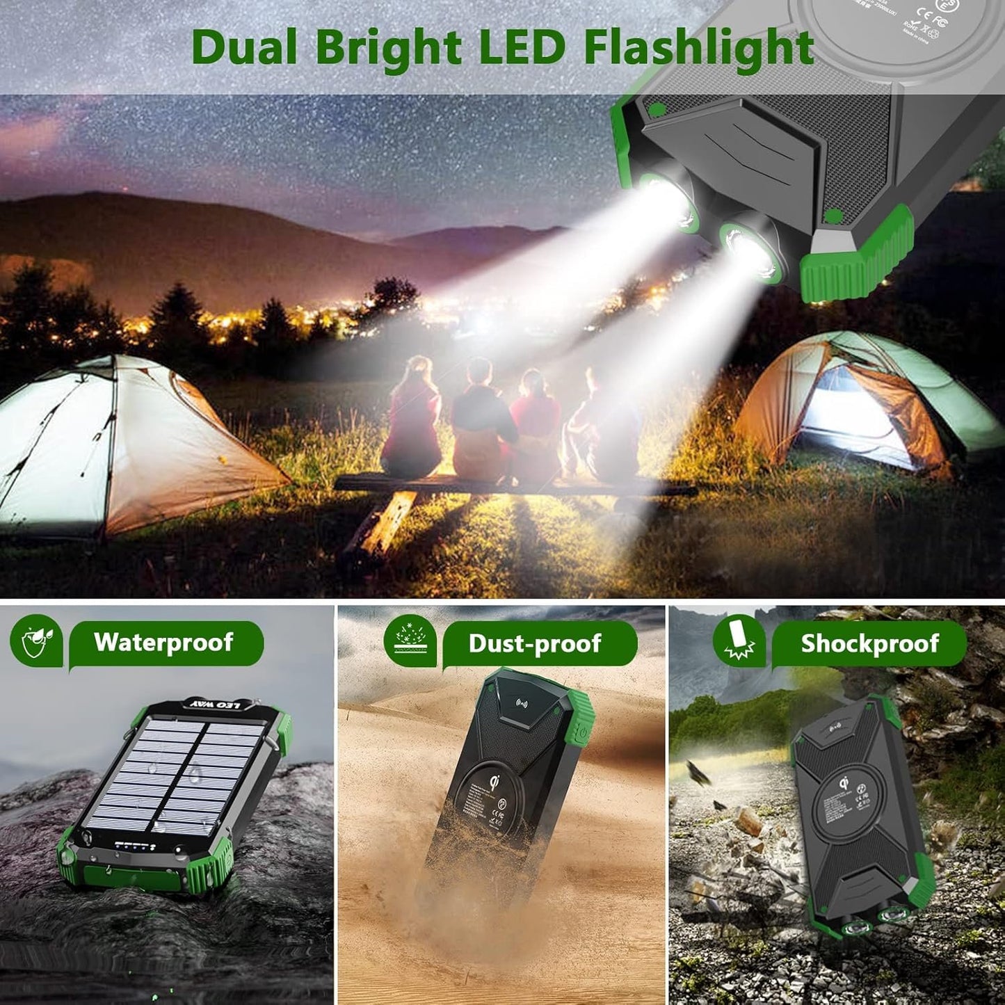 Solar Power Bank, Solar Charger 10000mAh QI Wireless Charger Portable External Battery Pack, Solar Panel Charging with Compass Dual Flashlight Outdoor Camping(Green)