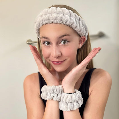 FROG SAC Puffy Spa Headband and Wristbands for Face Washing, Fuzzy Skincare Headbands for Women, Soft Makeup Skin Care Hair Accessories for Girls, Bubble Make Up Sleepover Party Supplies (Gray)