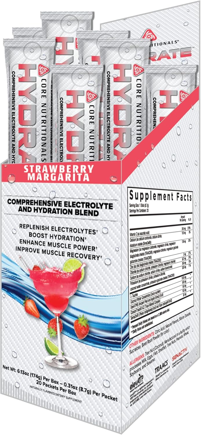 Core Nutritionals Hydrate Strawberry Margarita Flavoured Comprehensive Electrolyte & Hydration Blend Powder 8.1 g (20 Packet)