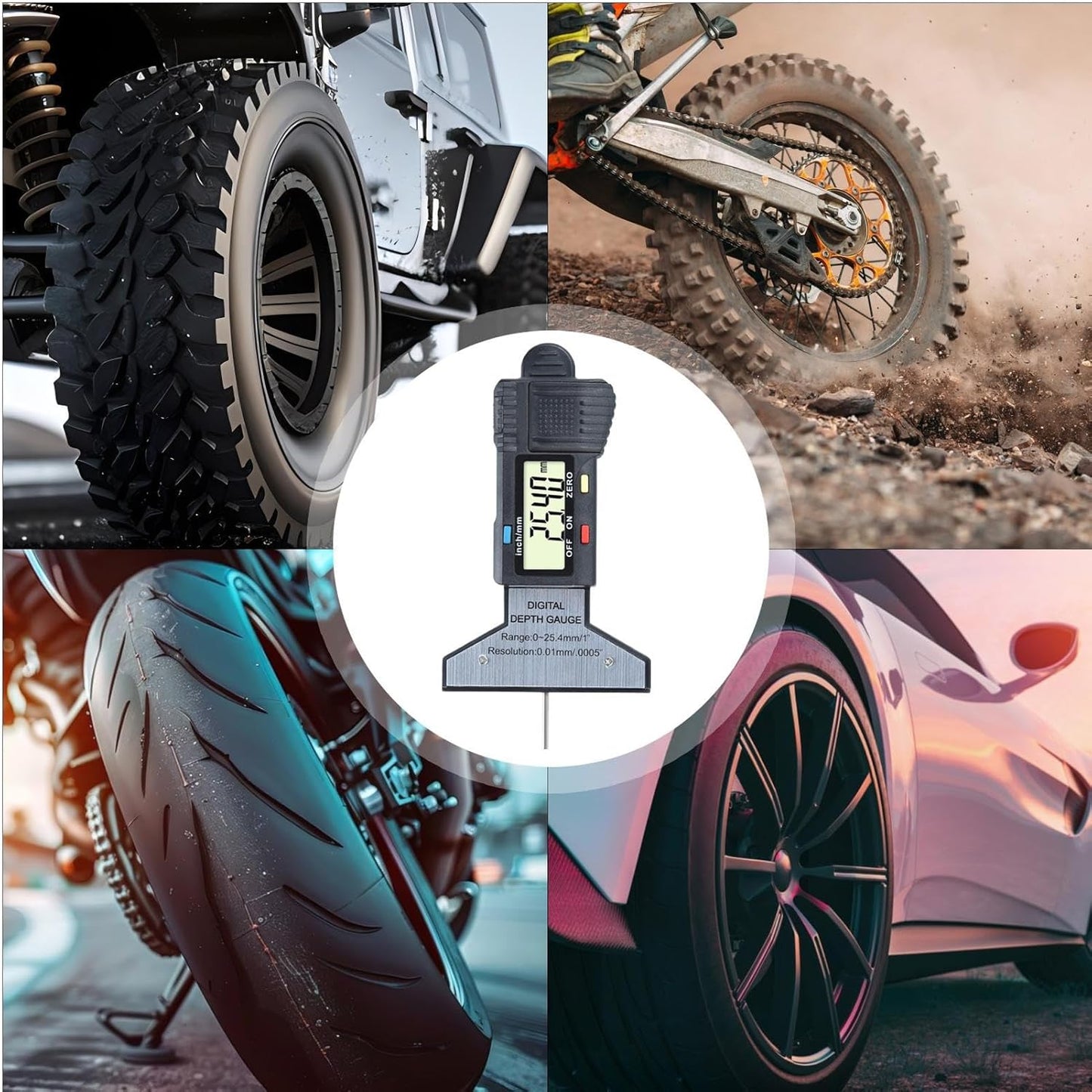 Tire Tread Depth Gauge, Digital Tire Wear Checker, 0–25.4mm Measuring Range, 0.01mm Resolution, Handheld Tool, for Car, Motorcycle Maintenance, Safety Inspections
