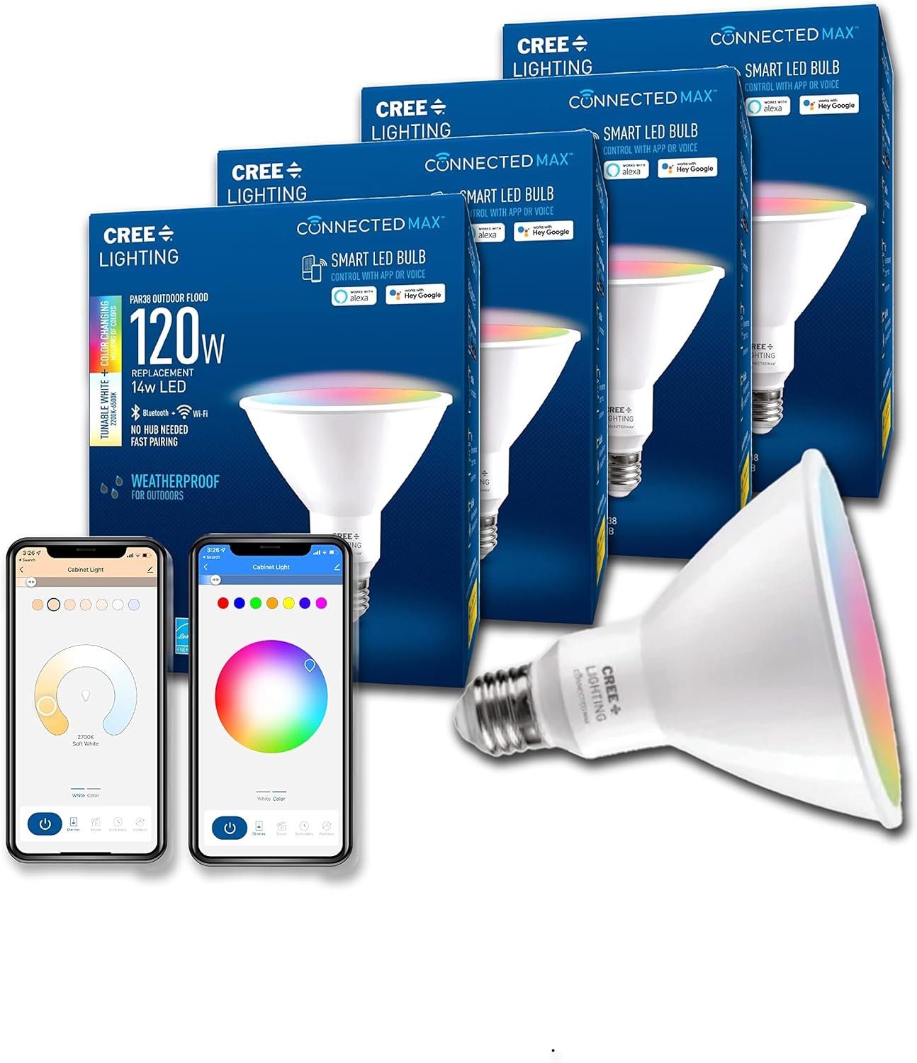 Cree Lighting Connected Max Smart Led Bulb Par38 Outdoor Flood Tunable White + Color Changing, 2.4 Ghz, Compatible with Alexa and Google Home, No Hub Required, Bluetooth + WiFi, Pack of 4