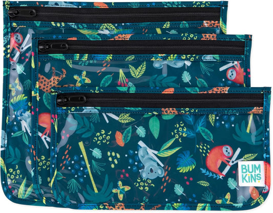 Bumkins Travel Bag, Toiletry, TSA Approved Pouch, Zip Bag, Quart Size Airline Compliant, Clear-Sided, Baby, Diaper Bag Organization, Makeup, Accessories, Packing, Set of 3 Sizes, Jungle