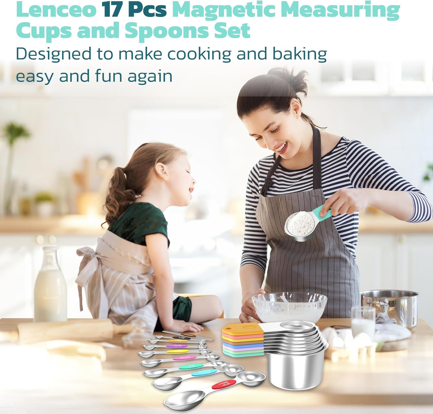 Magnetic Measuring Cups and Spoons Set of 17 - Stackable Stainless Steel Magnetic Measuring Spoons Set with Leveler - Dual Marking Scale Measuring Cup for Dry and Liquid Ingredients - Baking & Cooking