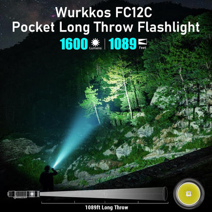 Wurkkos FC12C Tactical Flashlight 1600 High Lumens, USB-C Rechargeable LED Flashlights, 332M Long Throw Flash Light, IP68 Waterproof, Dual Switches and Constant Current Circuit for Searching
