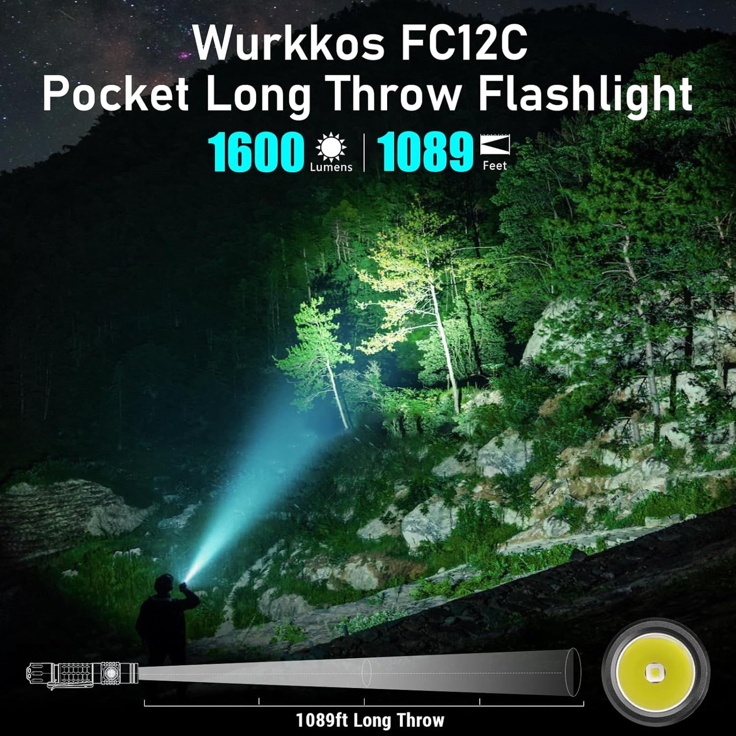 Wurkkos FC12C Tactical Flashlight 1600 High Lumens, USB-C Rechargeable LED Flashlights, 332M Long Throw Flash Light, IP68 Waterproof, Dual Switches and Constant Current Circuit for Searching, Hunting