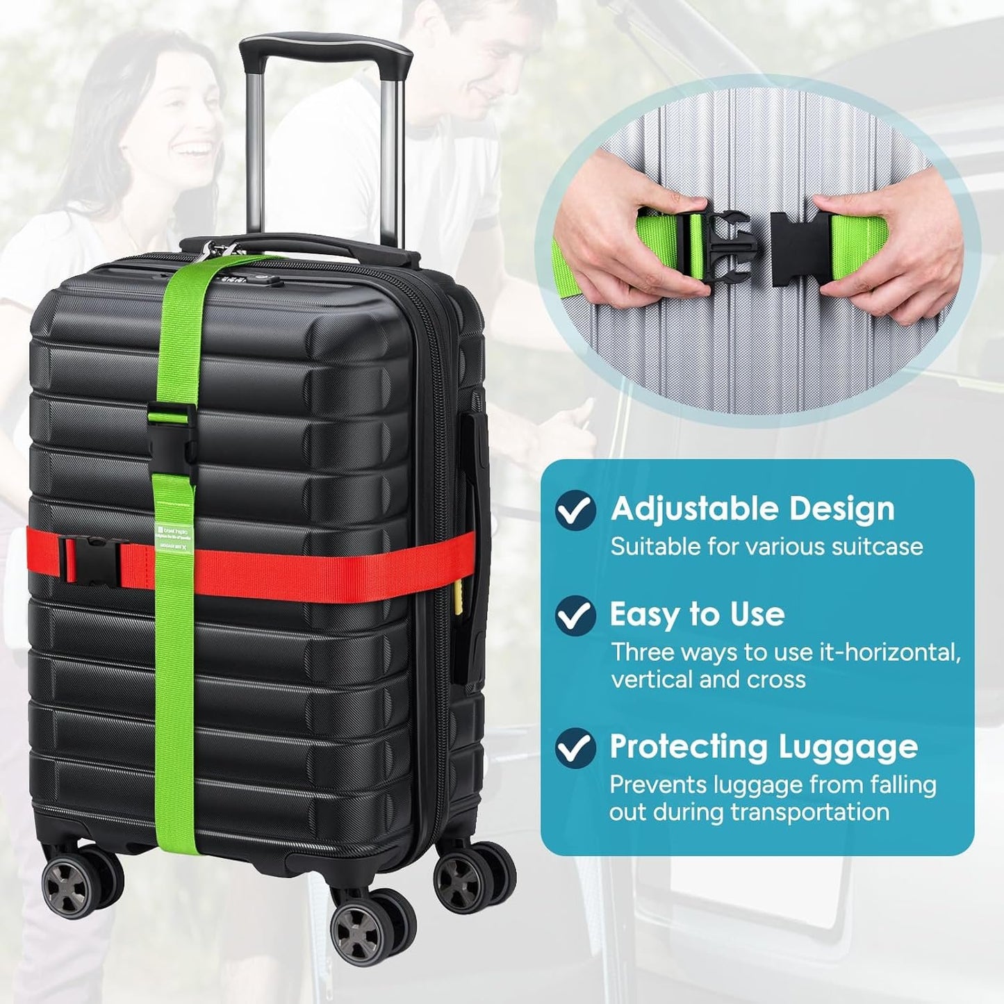 Travel Inspira Luggage Strap with TSA Combination Lock - Adjustable, Easy to Use, Protect Your Luggage (Green + Orange + Red + Purple)