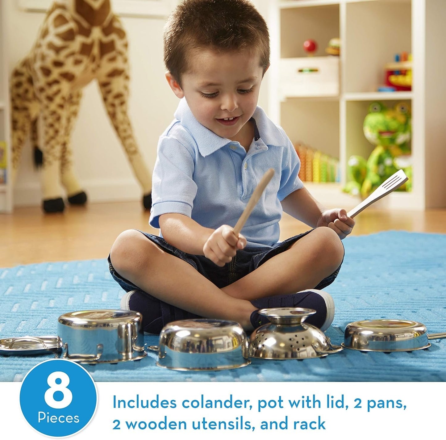 Melissa & Doug Stainless Steel Pots and Pans Pretend Play Kitchen Set for Kids (8 pcs) | Kids Kitchen Accessories Set, Toy Pots And Pans For Kids Kitchen, Cooking Toys For Kids Ages 3+