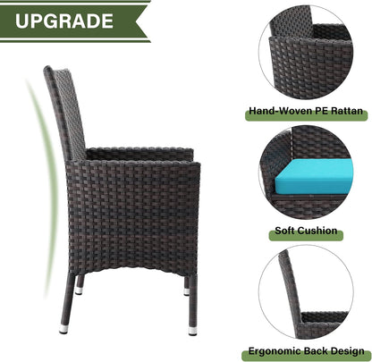 Kurapika 5-Piece Patio Furniture Outdoor Dining Set, Wicker Rattan Patio Dining Table and Chairs Set, Square Tempered Glass Tabletop with Umbrella Hole and 4 Chair Set, Blue