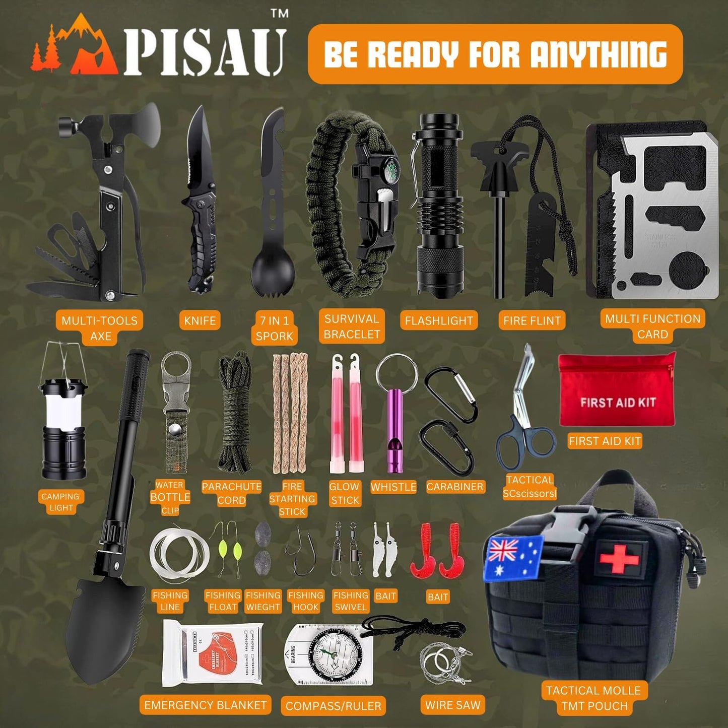 PISAU Survival Kits, 250 Pcs Emergency First Aid Kit Supplies for Vehicles Travel car Camping Hiking Disaster Preparedness