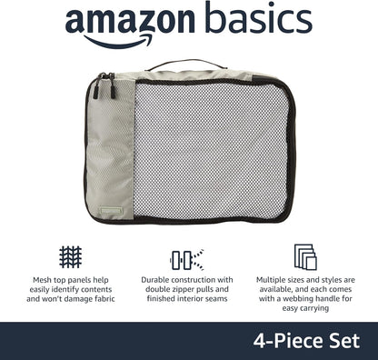Amazon Basics Medium Packing Cubes for Travel, Packing Organizers, 4-Piece-Set With Double Zipper Pulls and Mesh Top Panel, 100% Durable Polyester, Gray, 35 x 25 x 8cm