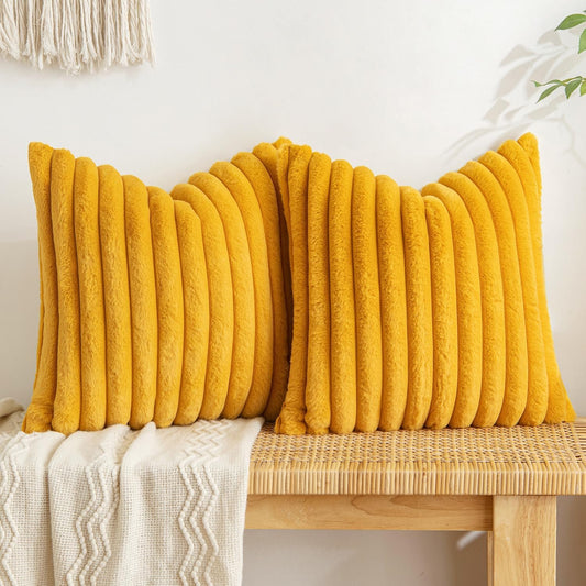 MIULEE Mustard Yellow Throw Pillow Covers 18x18 Inch Set of 2 Soft Pillowcase with Velvet Back Faux Rabbit Fur Cushion Covers Decorative Home Decor for Couch Sofa Bedroom Livingroom