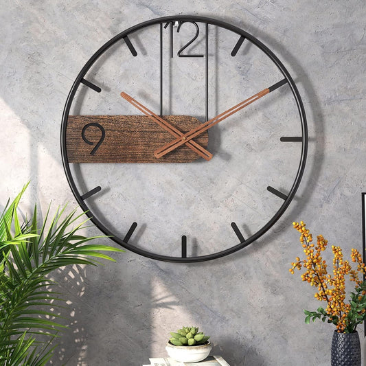 GUDEMAY 16 Inch Large Modern Metal Wall Clock for Home Decor - Silent Non Ticking Battery Operated - Rustic Retro Vintage Clock Ideal for Living Room Kitchen Bedroom Office Farmhouse - Brown and Black